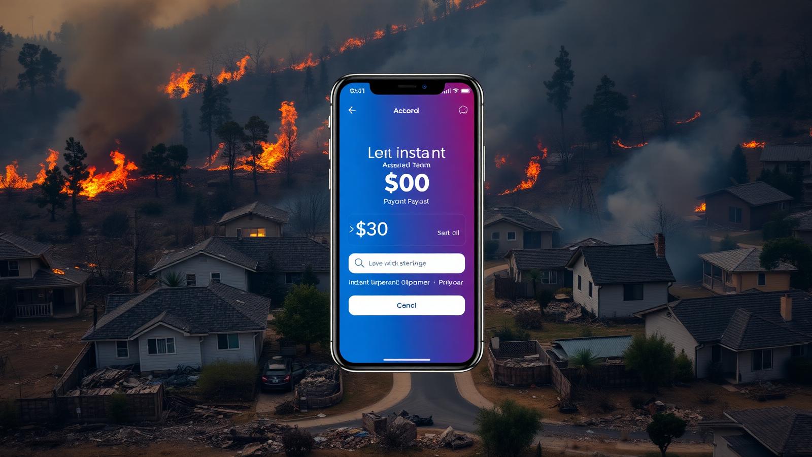 Wildfire-damaged neighborhood with insurance payout app showing instant payout