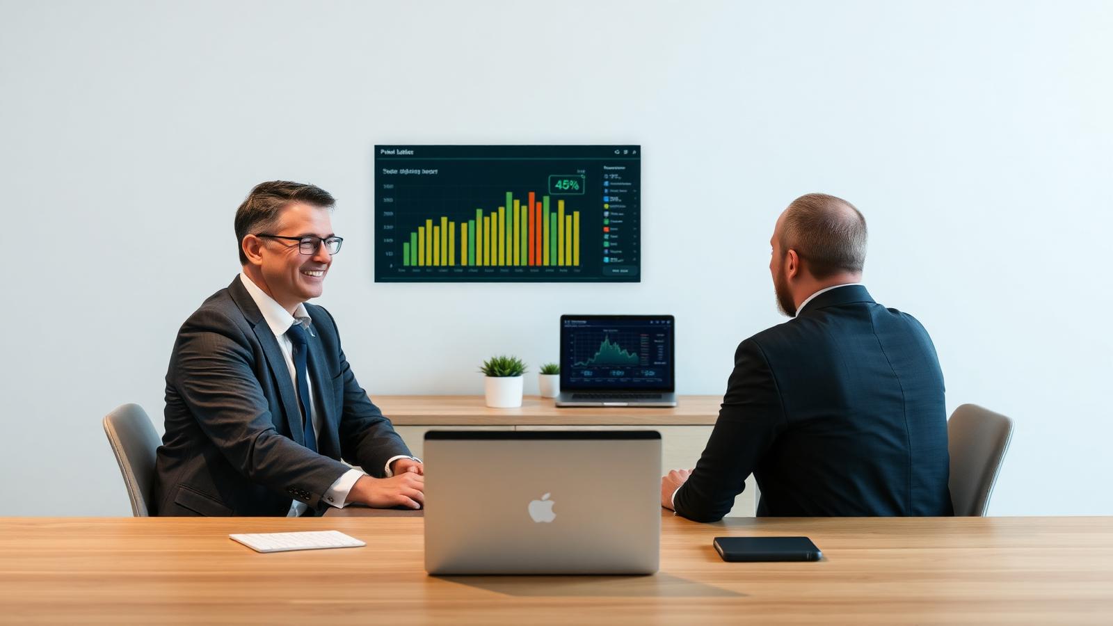 Human financial advisor sitting across from a client with an AI advisor laptop interface beside them