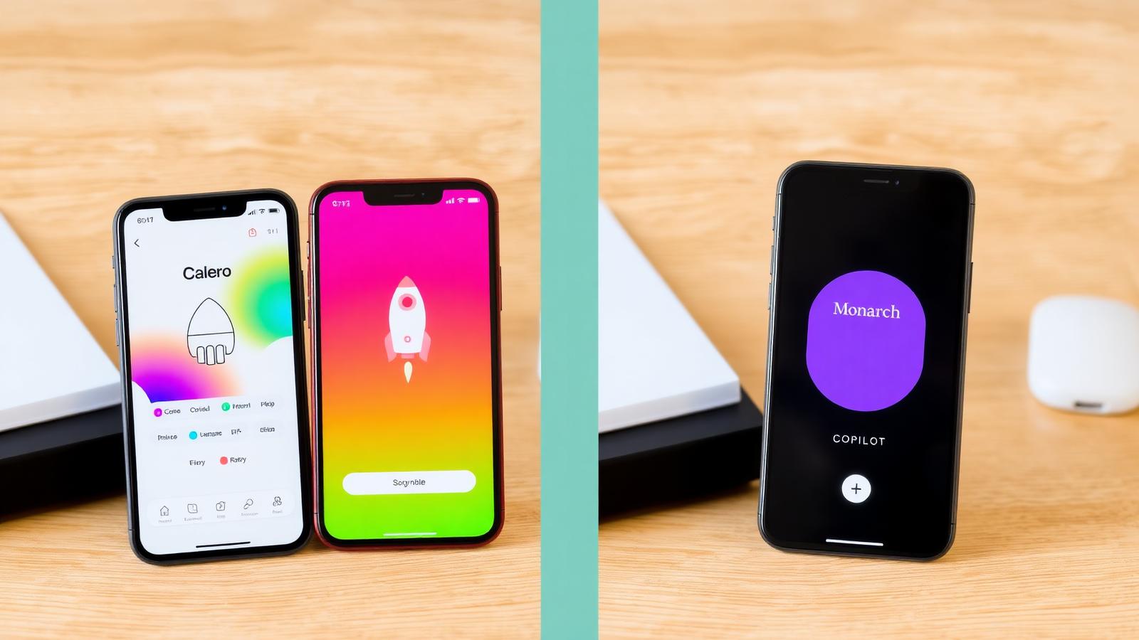 Side-by-side smartphones showing Cleo, Rocket Money, Monarch, and Copilot AI budgeting apps