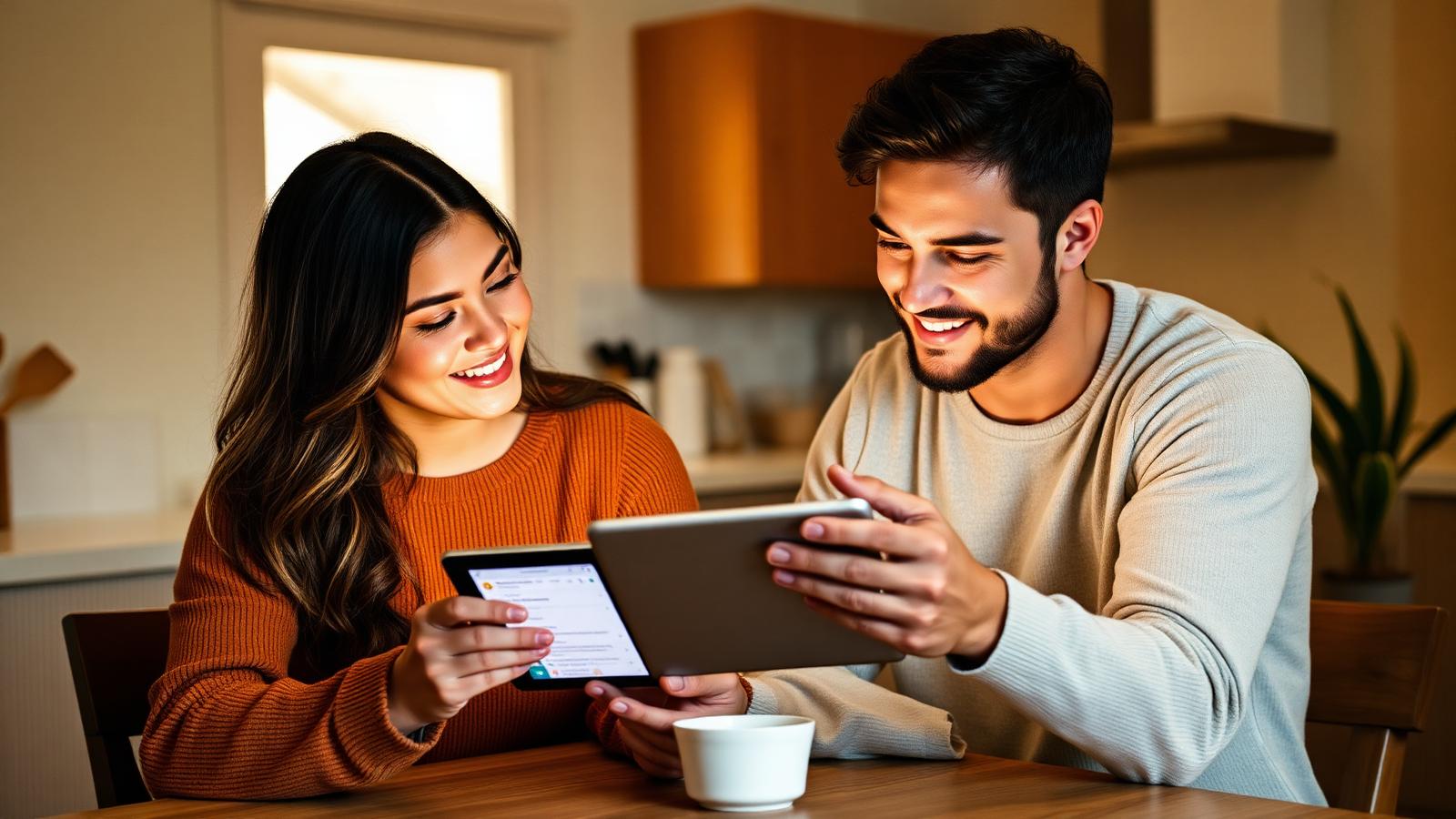 A young couple reviewing their finances together on a tablet with an AI assistant