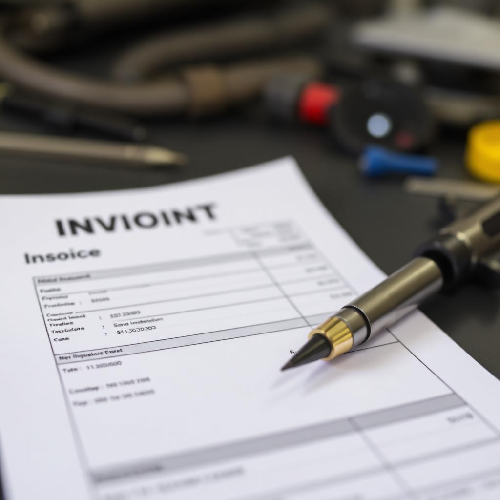 Auto insurance claim invoice paperwork on a workshop desk next to repair tools showing rising repair costs for modern vehicles equipped with advanced driver assistance sensors