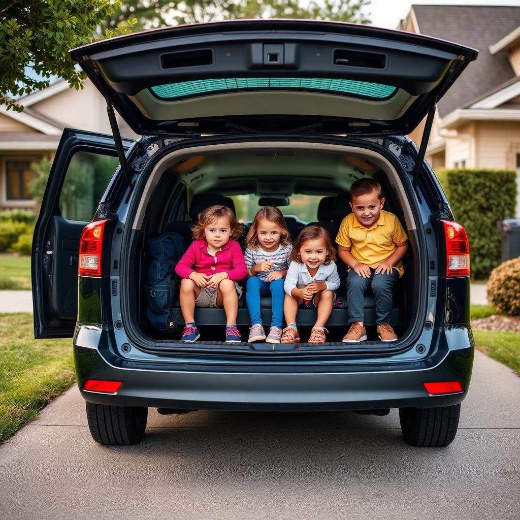 American family with three children loading into a dark blue minivan in a suburban driveway with the tailgate open showing the practical need for reliable car insurance coverage