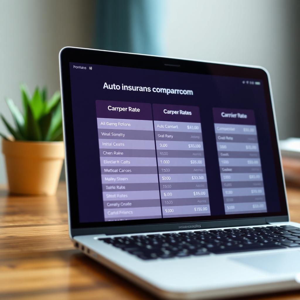 Laptop screen displaying an auto insurance comparison dashboard with multiple carrier rates side by side including columns for premium coverage limits and deductible options
