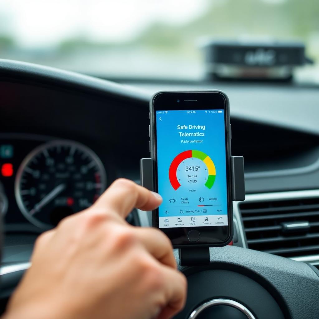 Safe driving telematics app on a smartphone mounted to a car dashboard showing a real-time driving score gauge and metrics like braking and acceleration