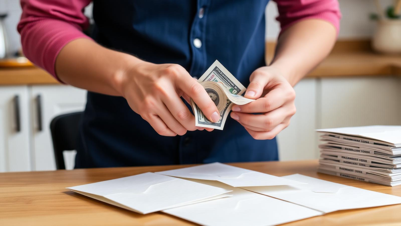 Person using cash-stuffing envelope budgeting method on a kitchen table