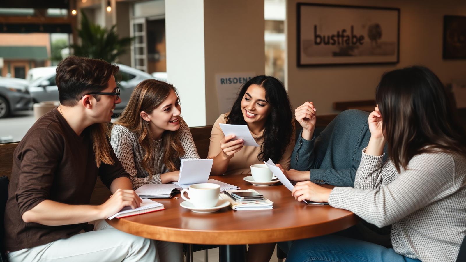 Group of friends openly talking about money and budgets at a cafe table