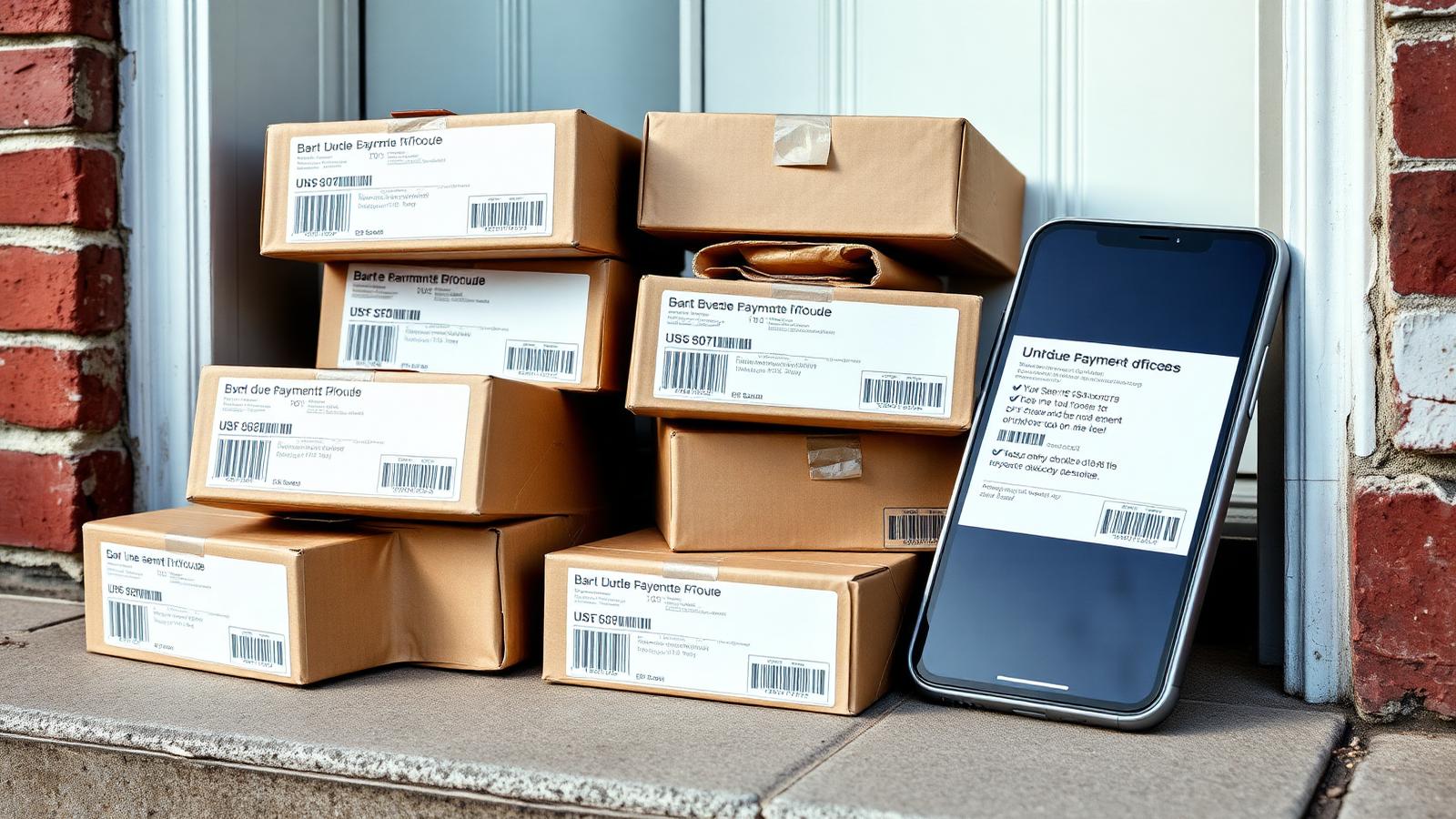 Pile of unopened delivery boxes on a doorstep with BNPL overdue payment notifications