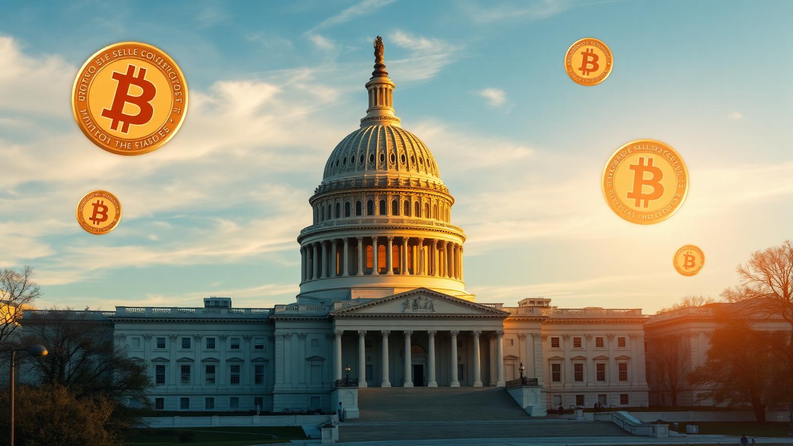 US Capitol building dome at golden hour with Bitcoin coin overlays representing the May 1 2026 Senate Clarity Act stablecoin yield compromise vote