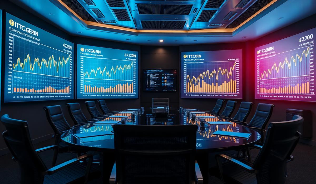 Corporate boardroom with digital screens showing Bitcoin treasury allocation charts