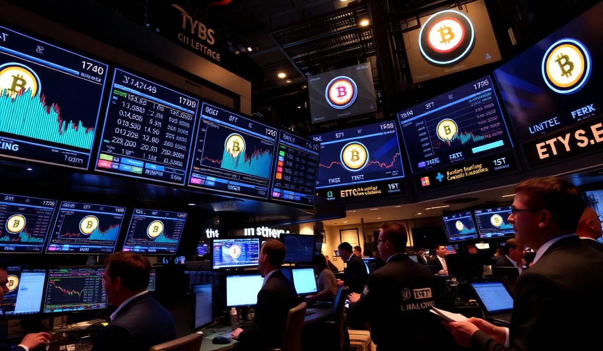 Wall Street trading floor with Bitcoin ETF data displayed on multiple screens