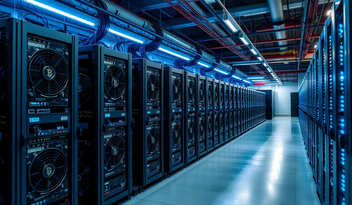 Bitcoin mining facility with rows of ASIC machines and blue LED lighting