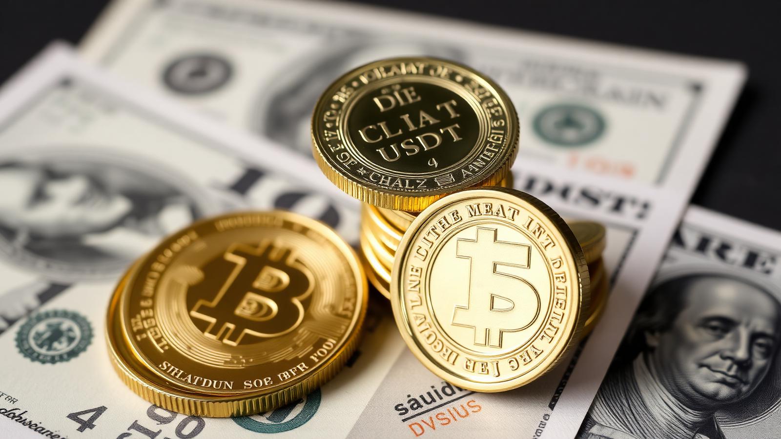 Stack of physical USDC USDT stablecoin tokens on US dollar banknotes representing the regulated future of stablecoins after Clarity Act 2026