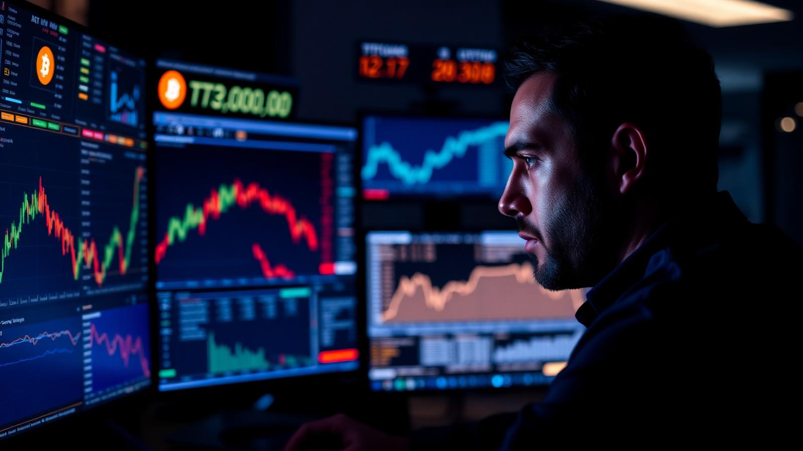 Professional crypto trader watching Bitcoin price chart on multiple monitors as BTC breaks back above $80,000 in May 2026 after Clarity Act vote