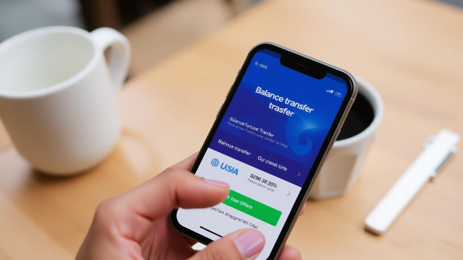 Smartphone displaying 0 percent APR balance transfer credit card offer comparison app for paying off credit card debt in 2026