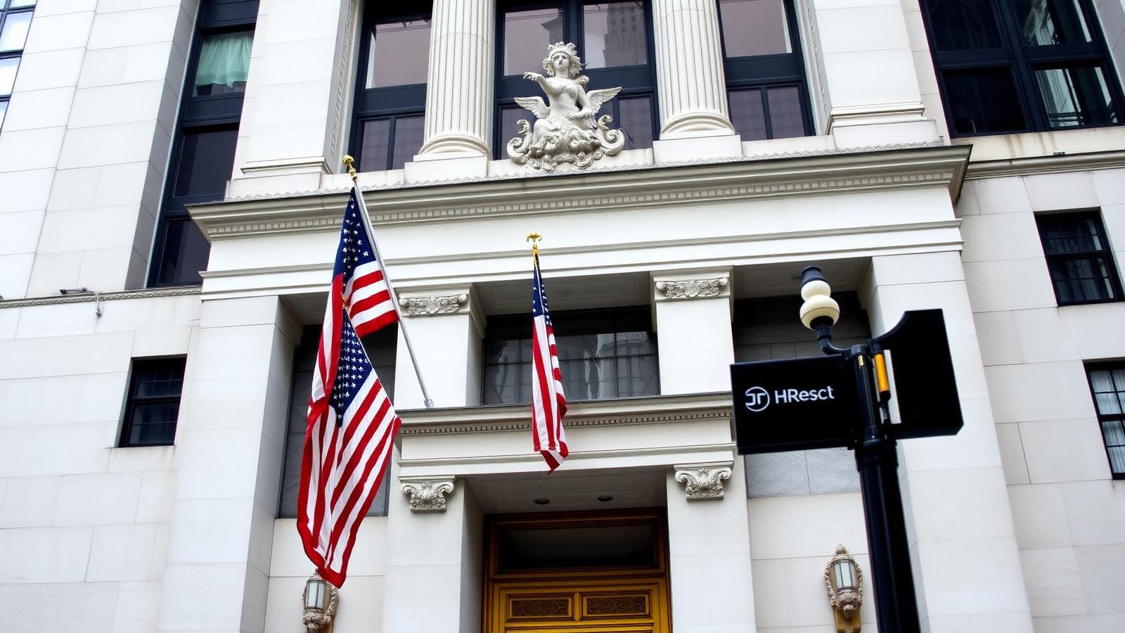 New York Federal Reserve building exterior with American flags representing the source of US household debt and credit card debt statistics for 2026