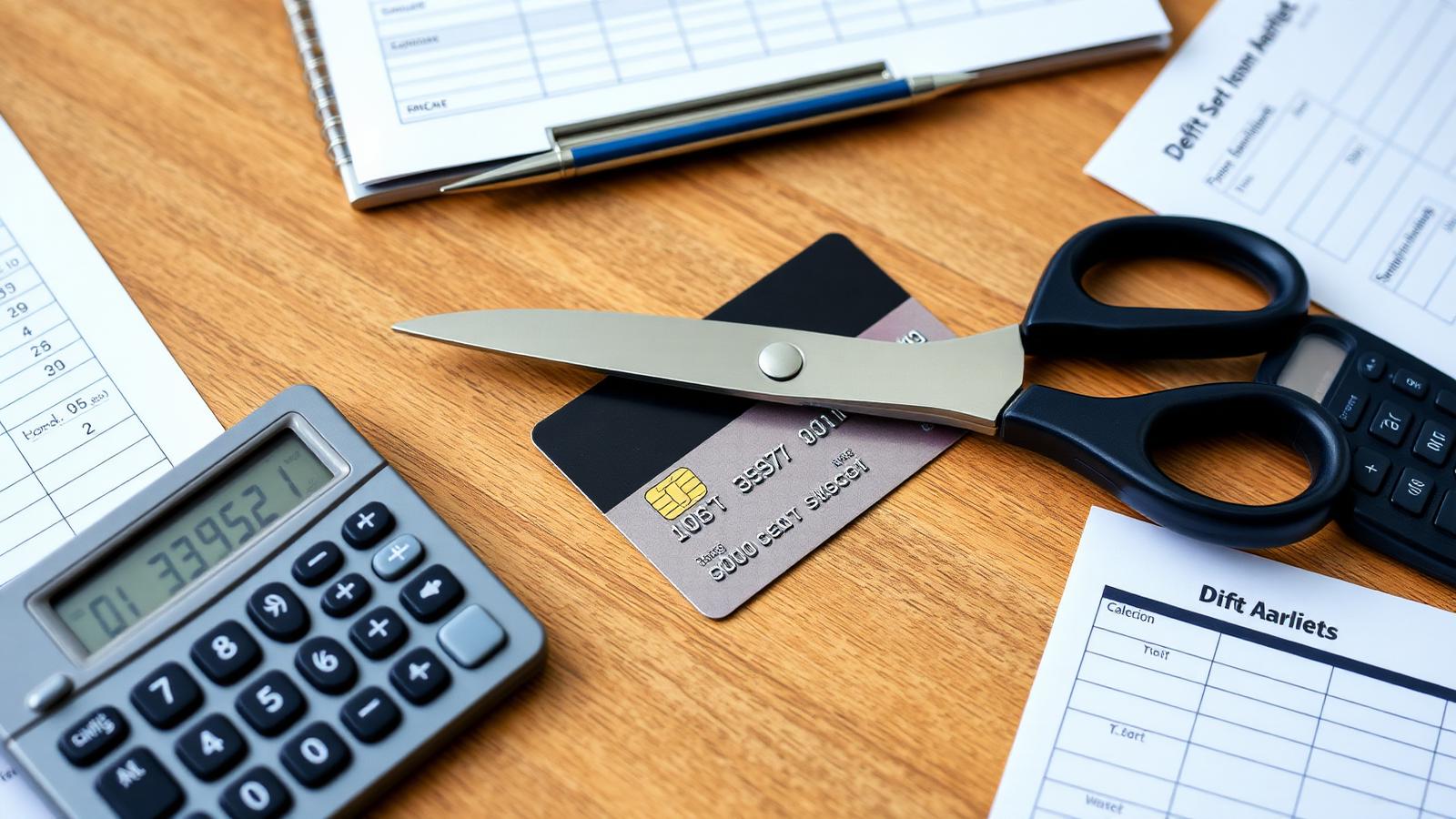 Scissors cutting credit card on wooden desk with debt payoff worksheet and calculator representing debt freedom and aggressive credit card debt payoff strategy