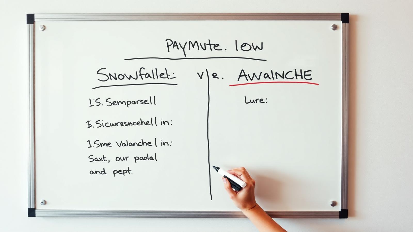 Whiteboard showing debt snowball versus debt avalanche payoff strategy comparison chart with hand writing strategy in marker, modern personal finance planning