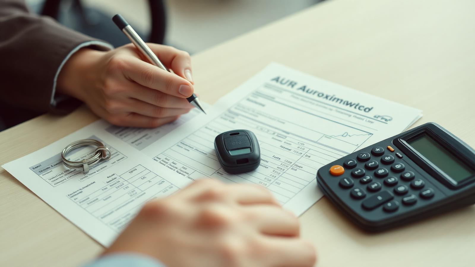 Customer signing auto loan paperwork at car dealership with calculator and car keys showing high APR after no Fed rate cuts in 2026
