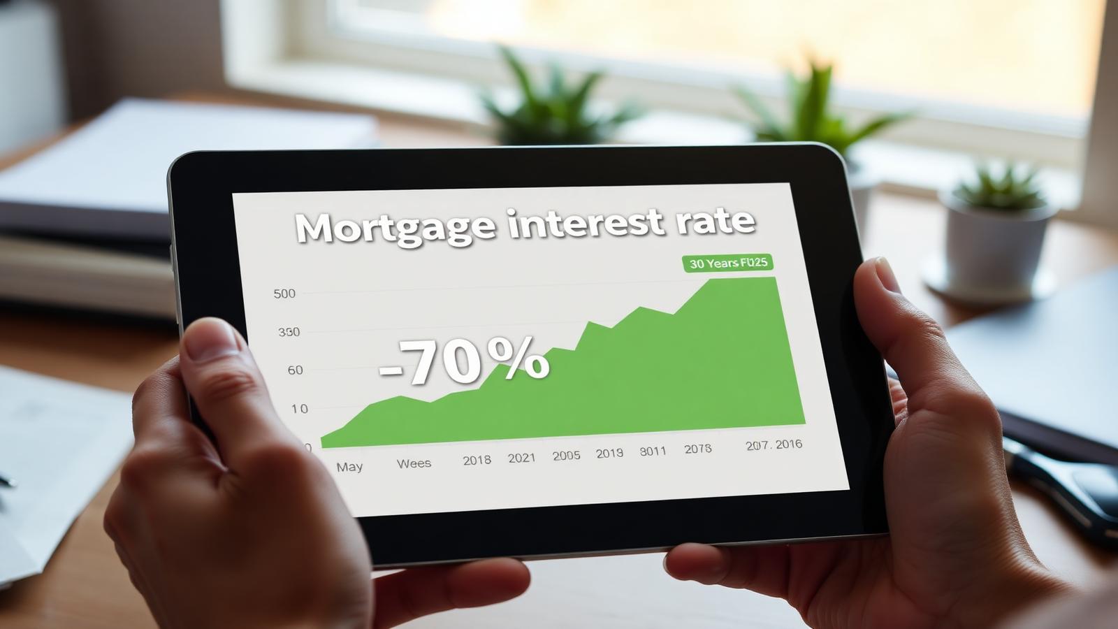 Tablet showing 30-year fixed mortgage interest rate chart staying flat near 7 percent through 2026 reflecting no Fed rate cuts forecast