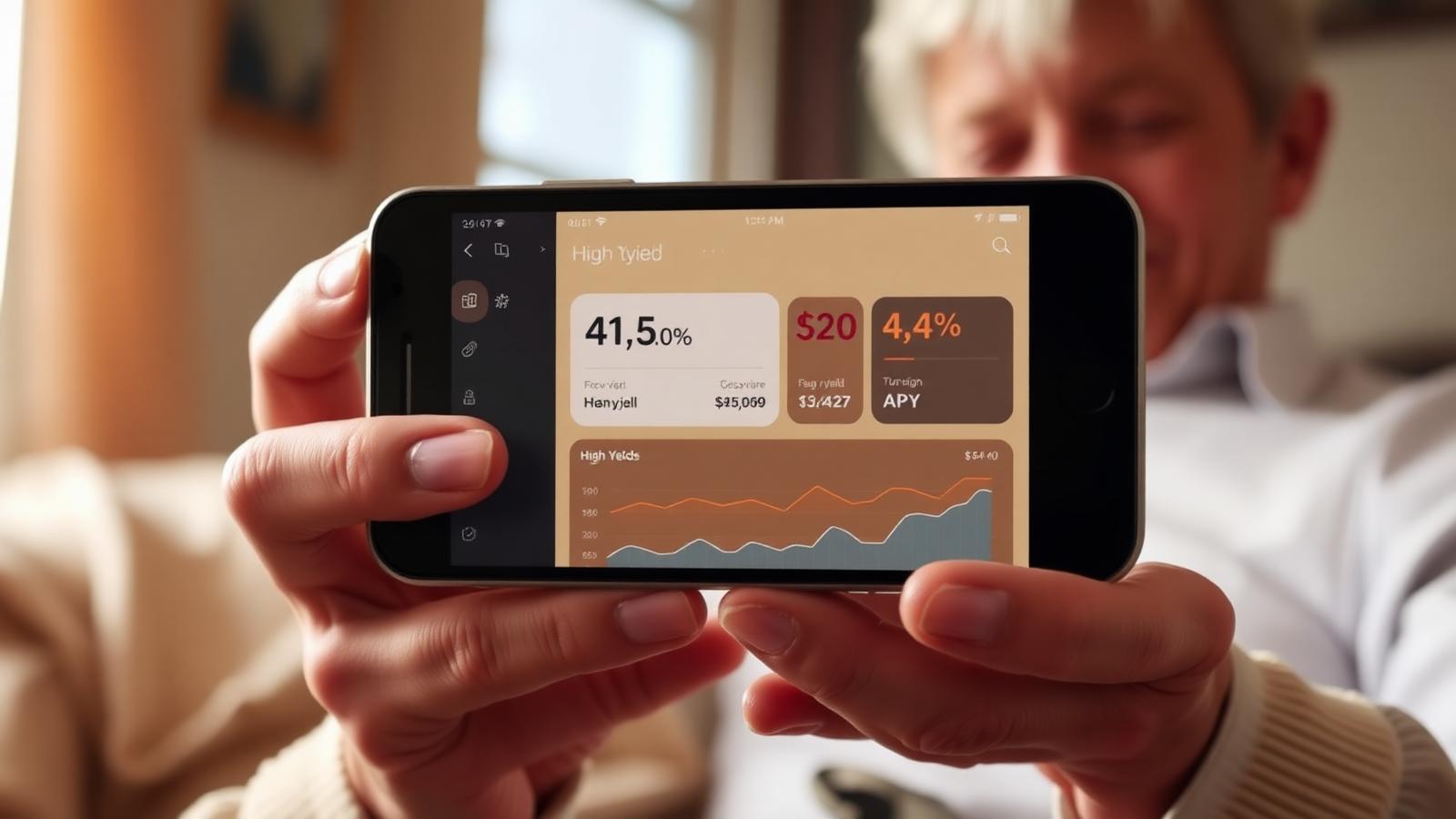 Retired American couple smiling reviewing high yield savings account 4.5 percent APY on smartphone benefiting from no Fed rate cuts in 2026