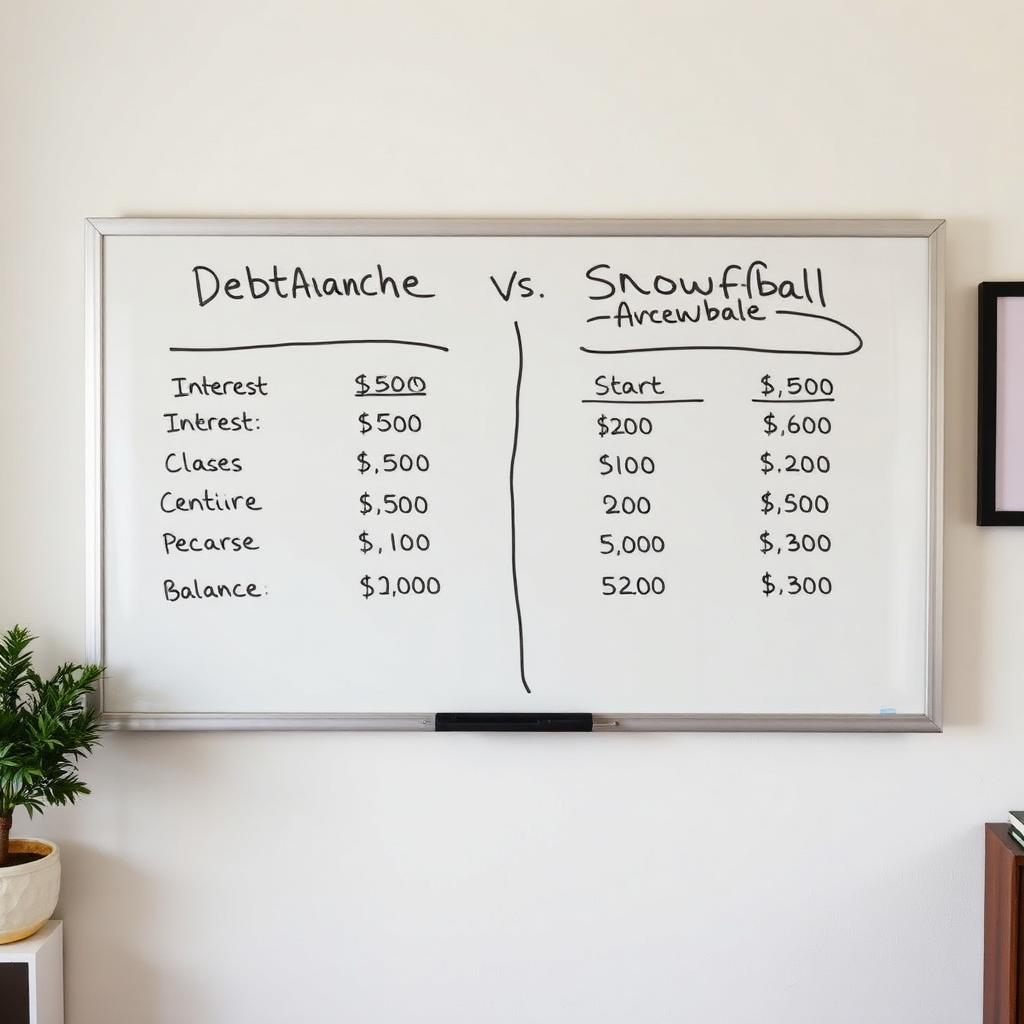Whiteboard in a home office showing a hand-drawn debt avalanche vs snowball comparison with columns of interest rates and remaining balances