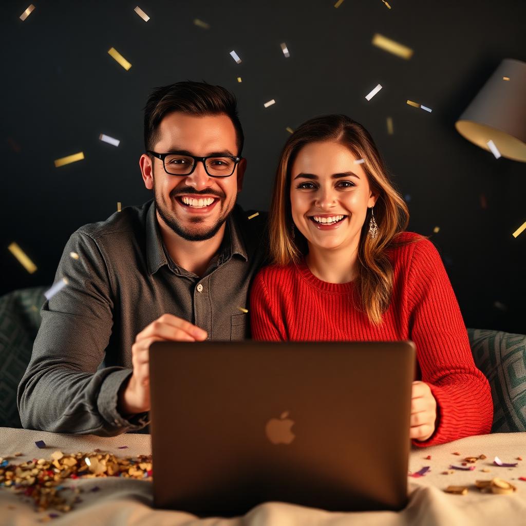 Happy American couple celebrating on a couch with confetti falling around them and a laptop screen showing a zero-balance credit card account
