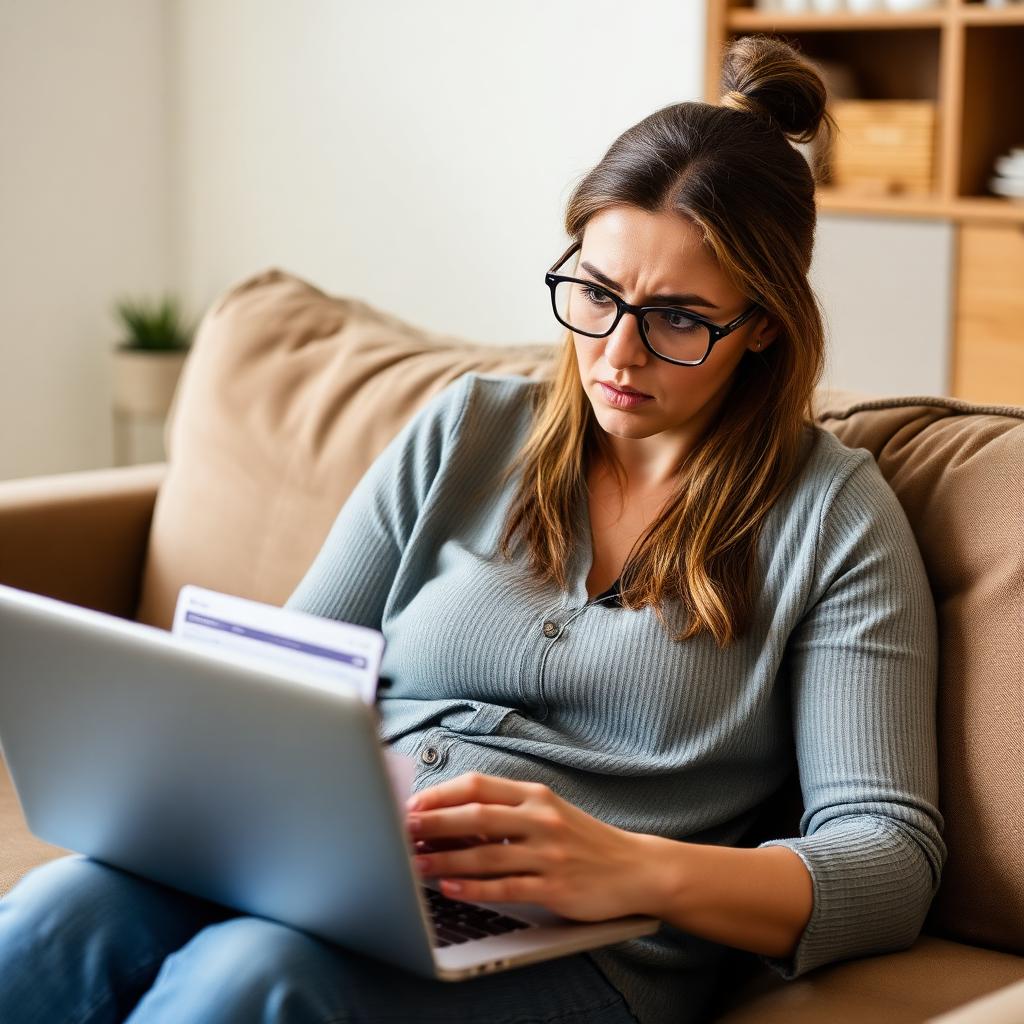 Anxious American woman with glasses sitting on a beige couch reviewing a credit card statement while typing into a debt payoff calculator on her laptop