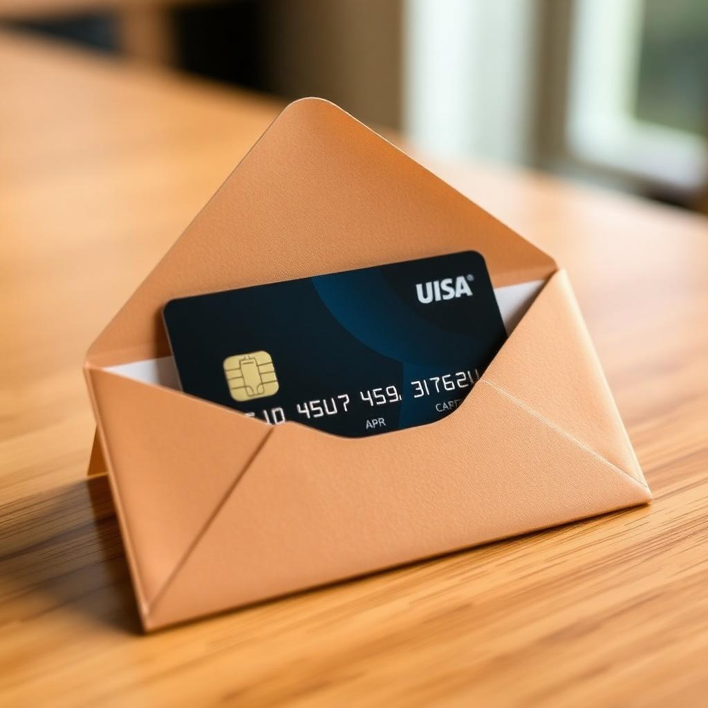 Opened credit card offer envelope on a wooden table with a Visa balance transfer card featuring a 0% APR promotional period visible