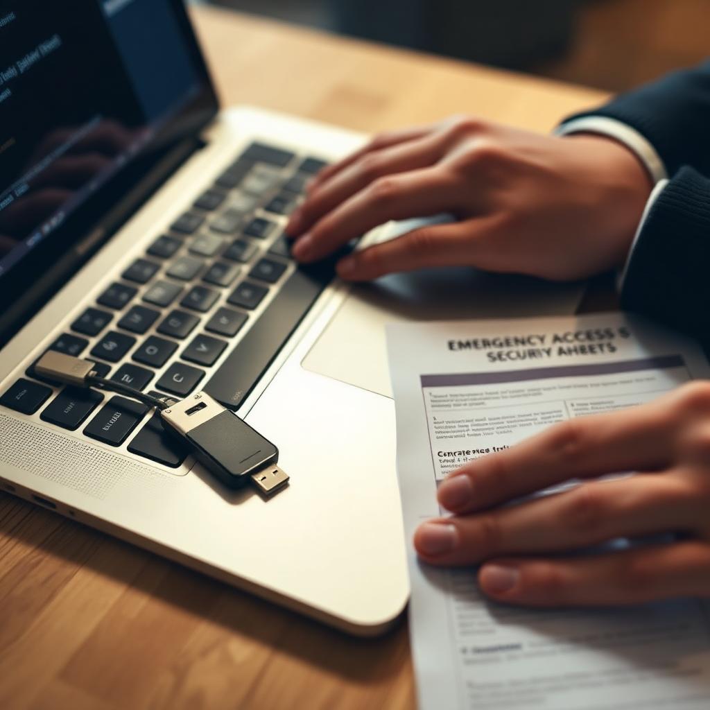 Photograph of hands typing on a laptop keyboard with a small hardware security key plugged into a USB port and a printed emergency access sheet beside it representing modern digital security tooling that must be included in an estate plan