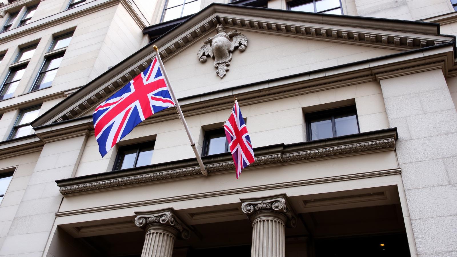 Bank of England building facade in London with Union Jack flags representing the May 2026 BOE positioning to raise interest rates ahead of the June MPC meeting