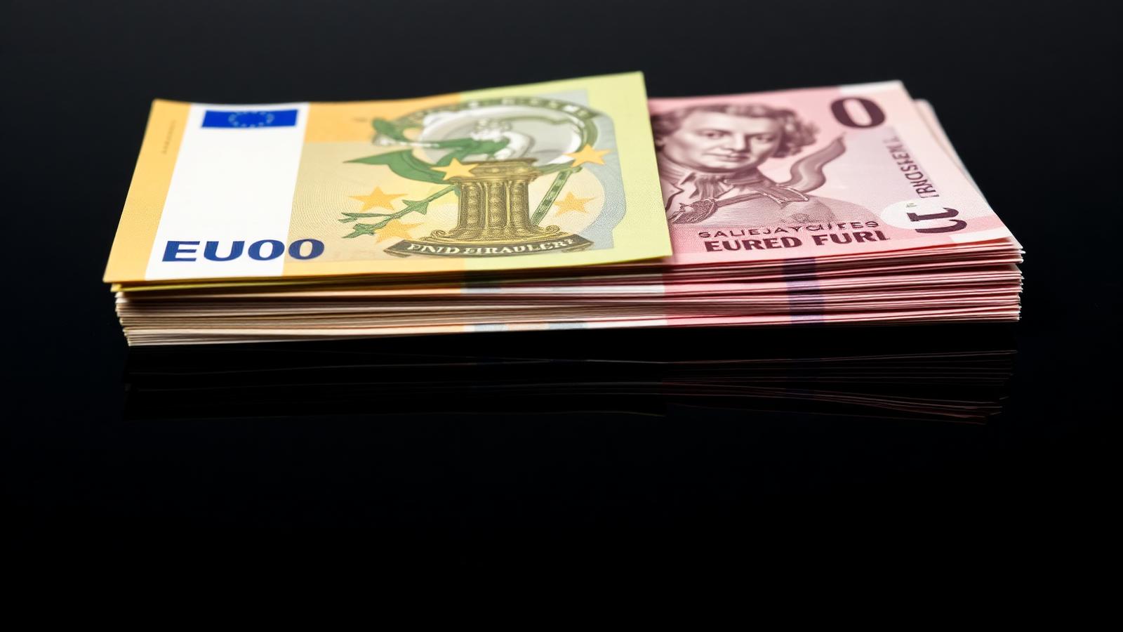 Stack of physical Euro and US Dollar banknotes side by side on dark surface representing the May 2026 transatlantic currency and rate divergence trade