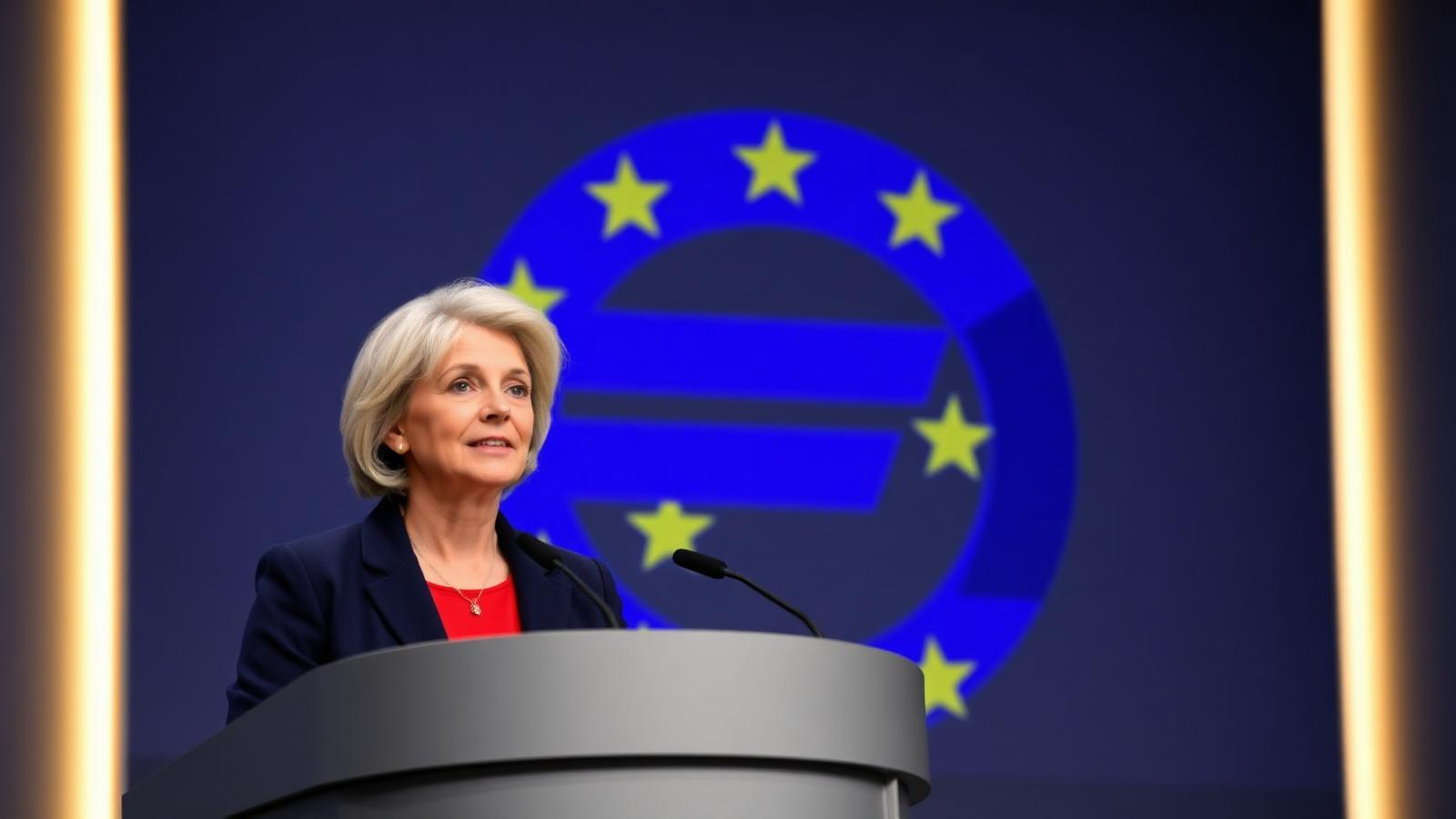 Christine Lagarde at the European Central Bank press conference podium with the ECB logo backdrop signaling potential rate hikes in May 2026
