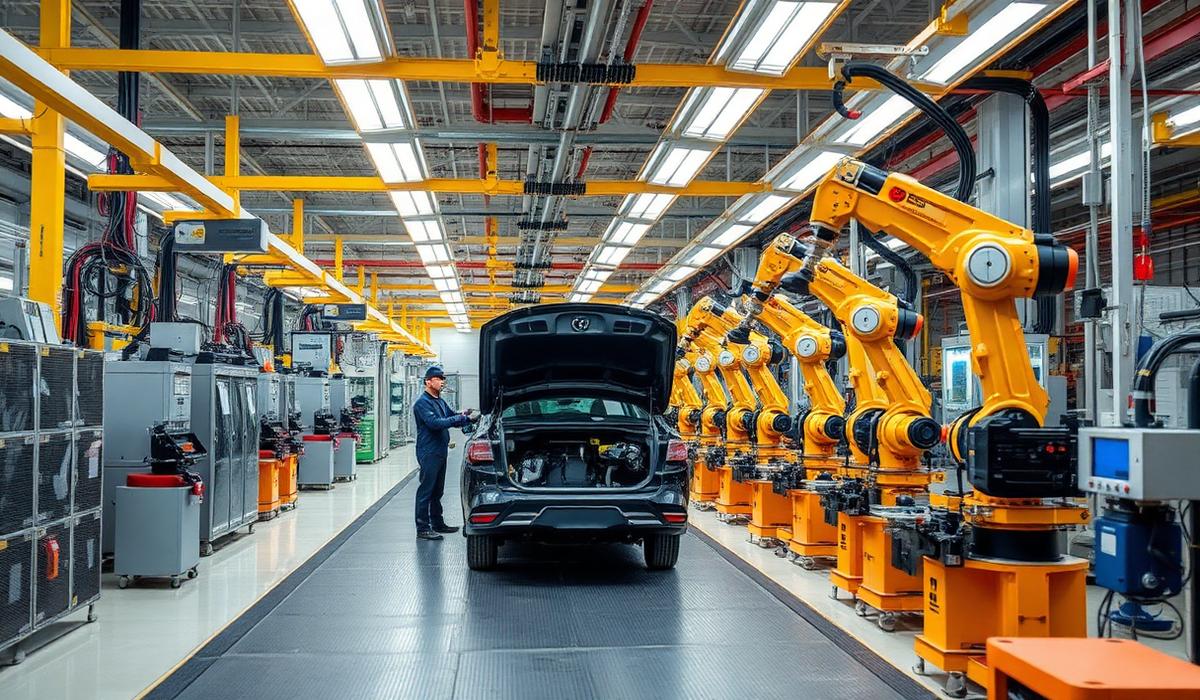 Mexican automotive factory interior with modern assembly line and robotic arms