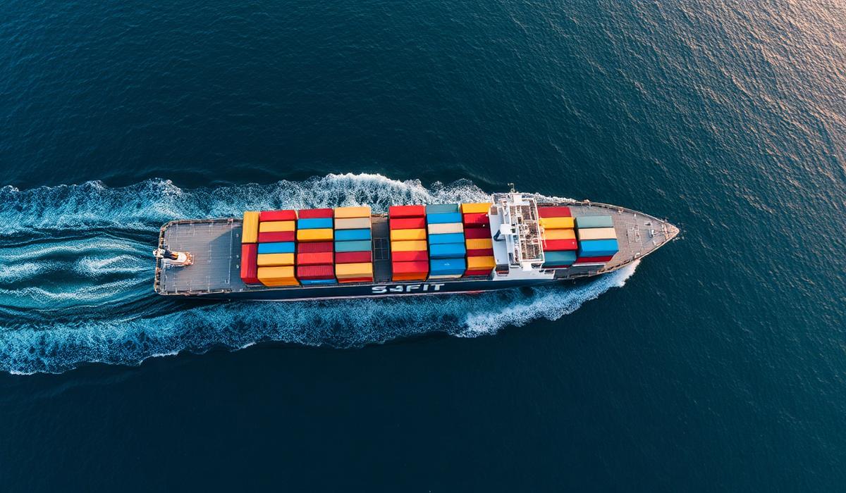 Aerial view of large cargo ship loaded with containers crossing ocean