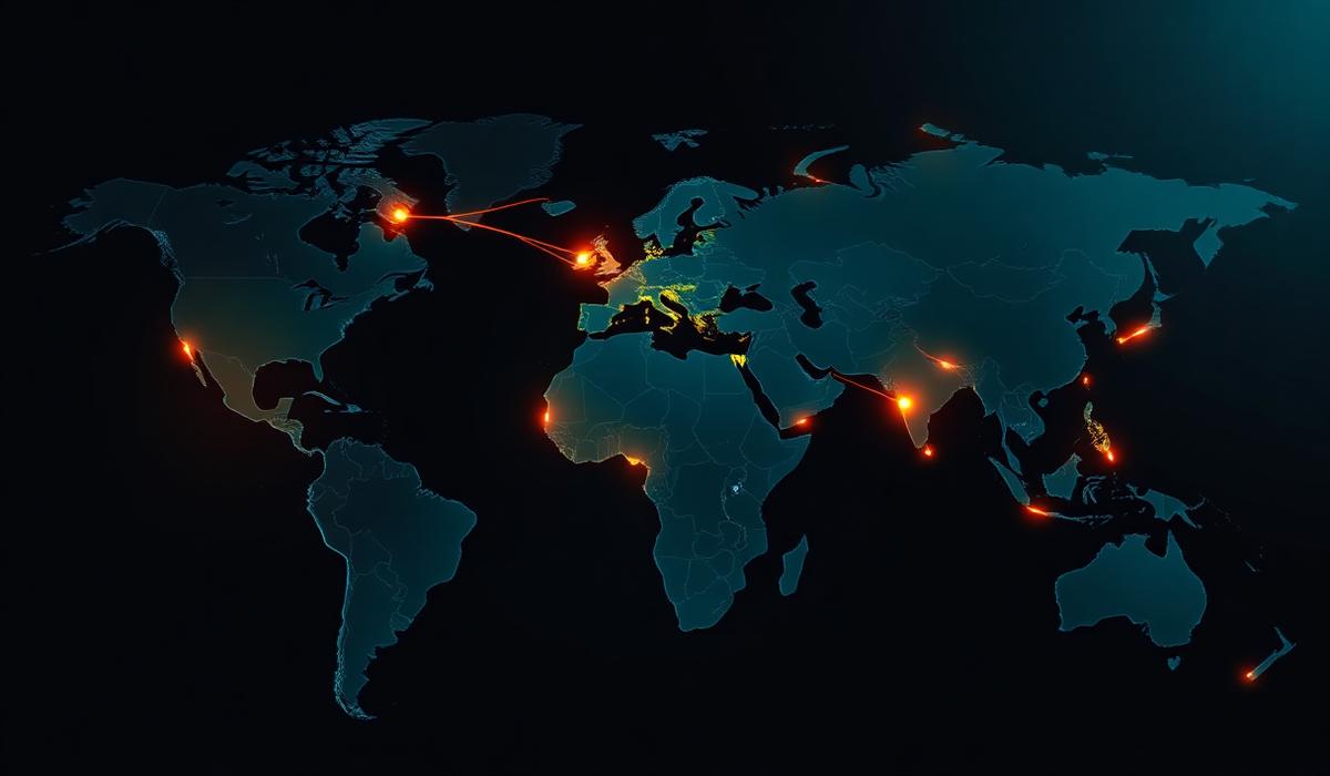 World trade map with glowing supply chain routes connecting continents