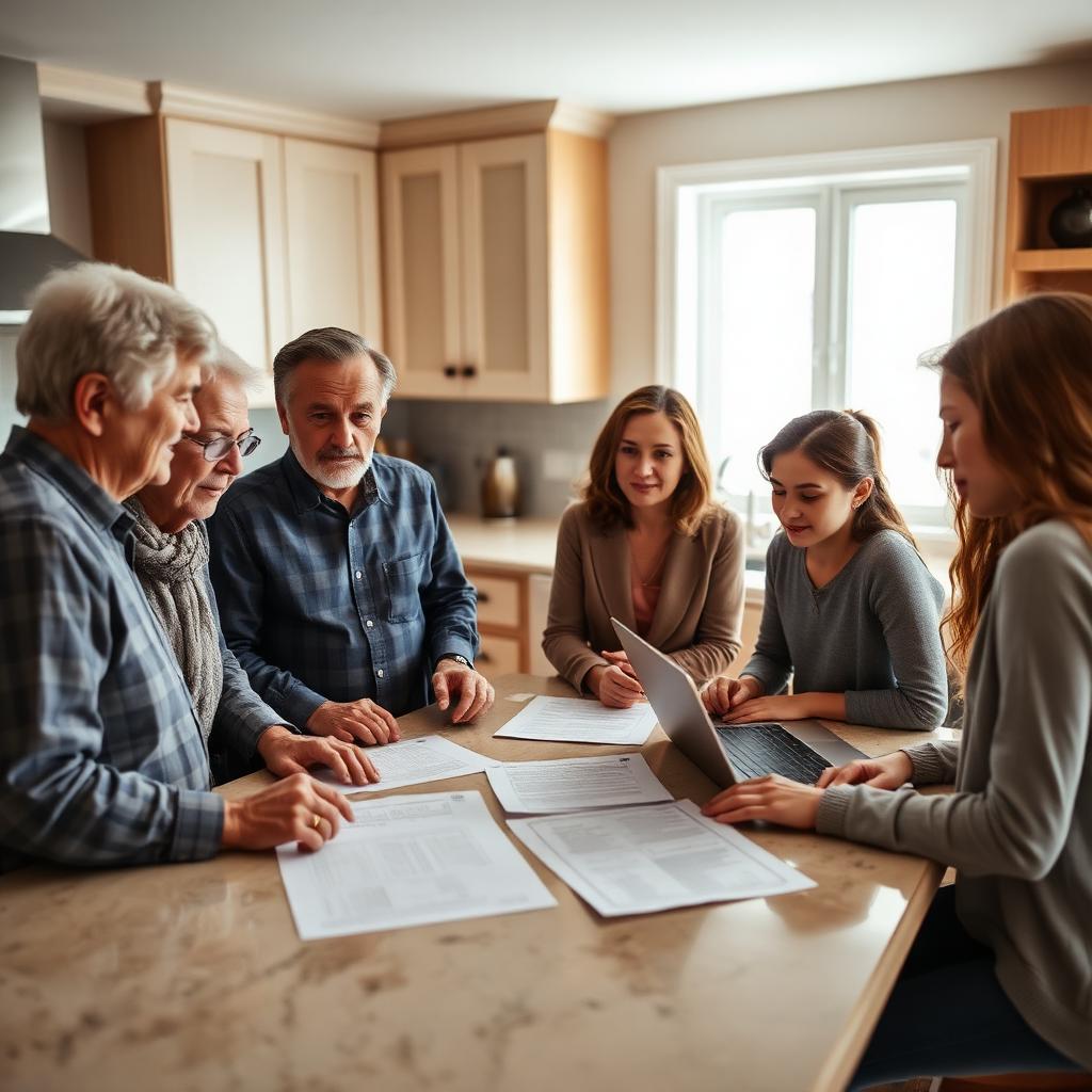 Multi-generational American family calmly reviewing estate planning paperwork around a modern kitchen island representing the durable conversation every family should have well before it is needed