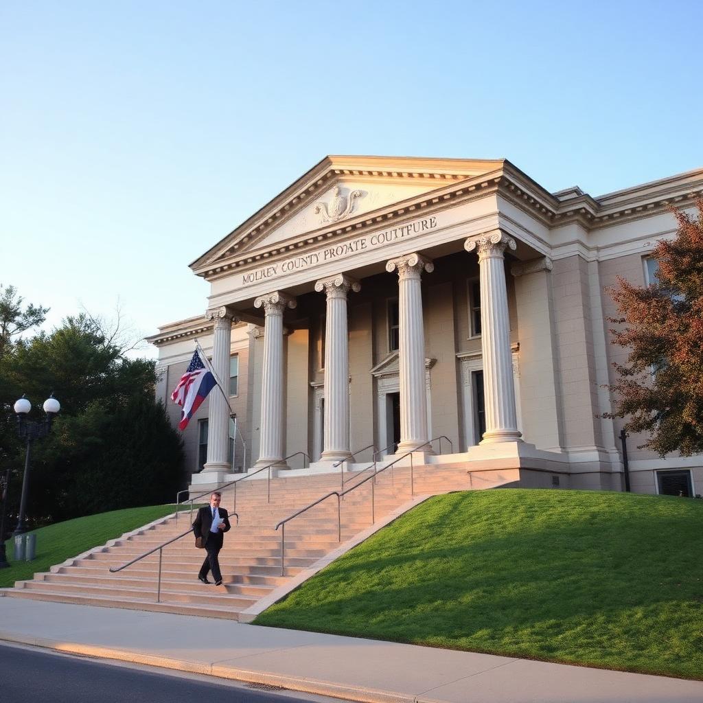 Exterior of a classic American county probate courthouse with limestone columns and a green lawn on a clear afternoon representing the state court system that supervises estate administration