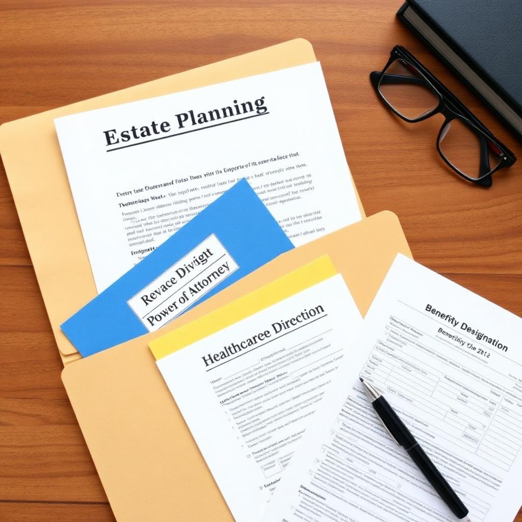 Flat lay of estate planning documents including revocable living trust folder power of attorney healthcare directive and beneficiary designation form on a walnut desk with reading glasses