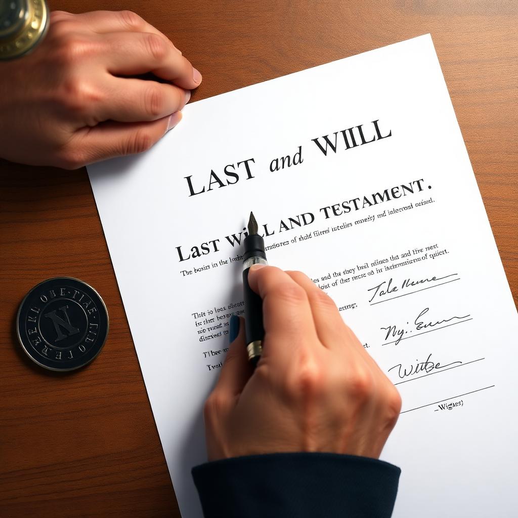 Overhead close-up of a hand signing a Last Will and Testament document on a wooden desk with a notary seal and witness signature lines representing the formal execution requirements every US state imposes on a valid will