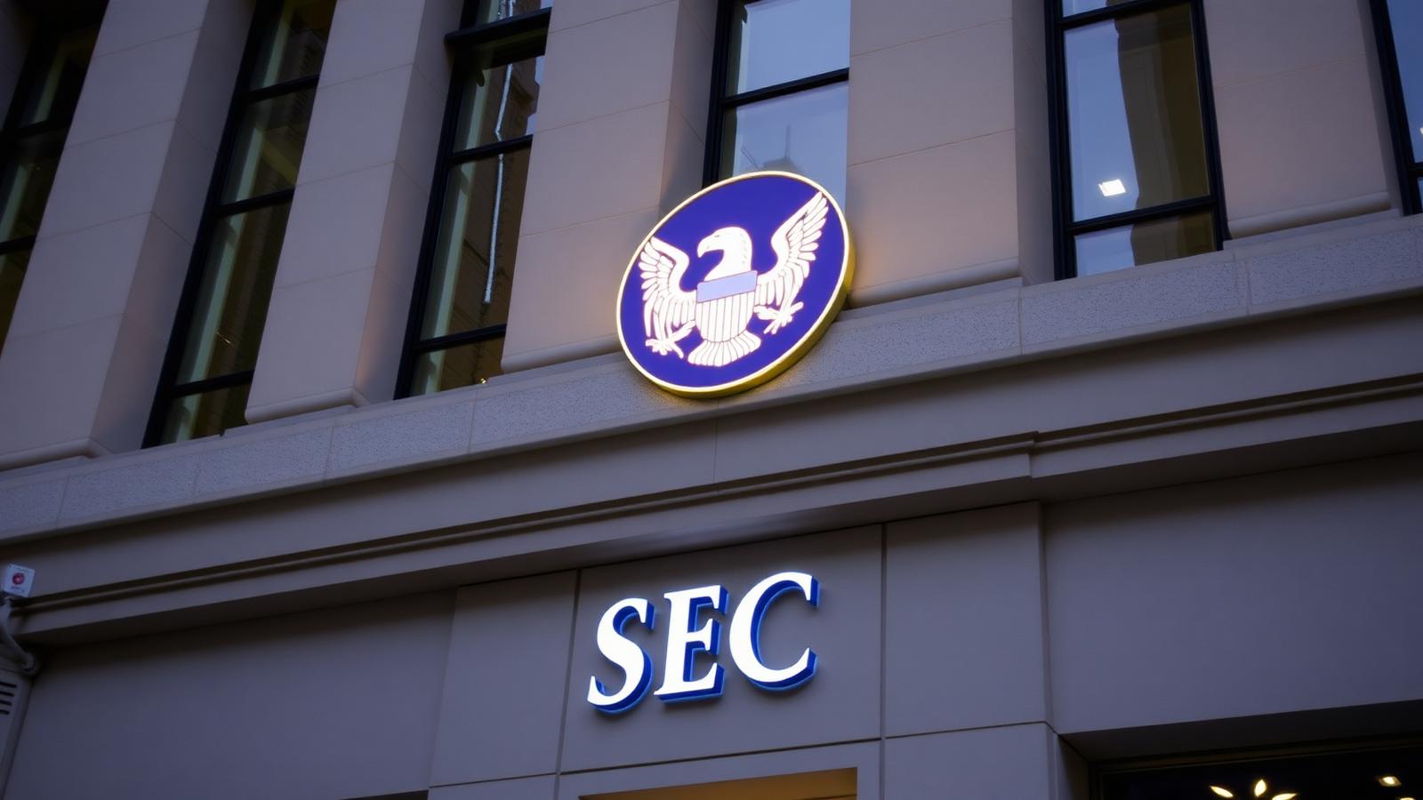 SEC building exterior with Solana logo glowing on facade