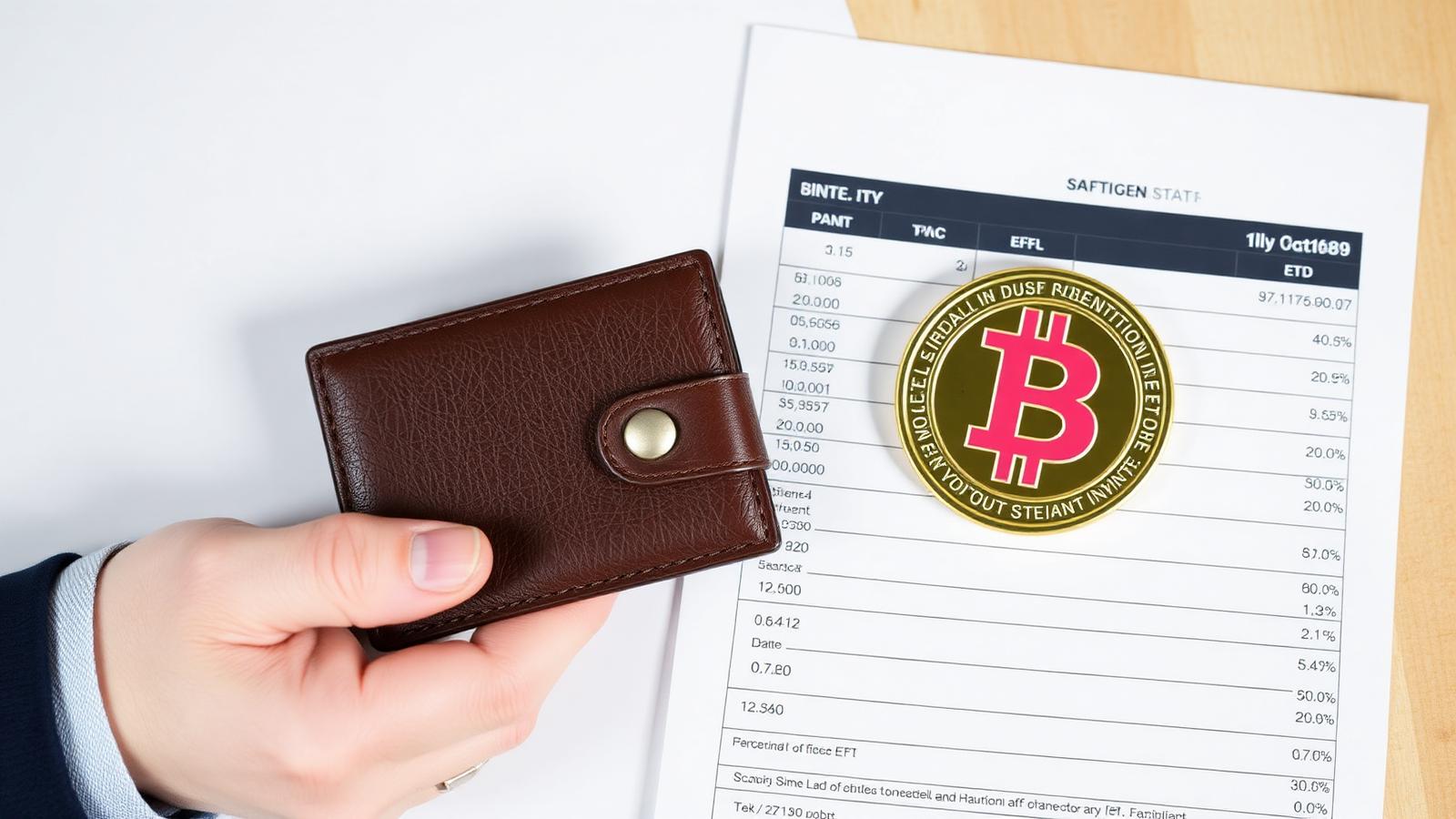 Investor comparing a self-custody hardware wallet with a brokerage statement showing crypto ETFs