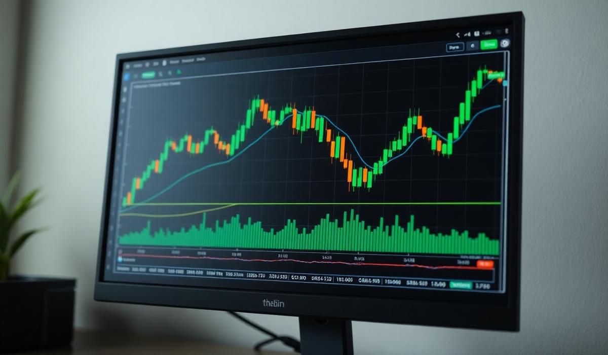 ETH/BTC trading chart on monitor showing candlestick patterns and ratio recovery