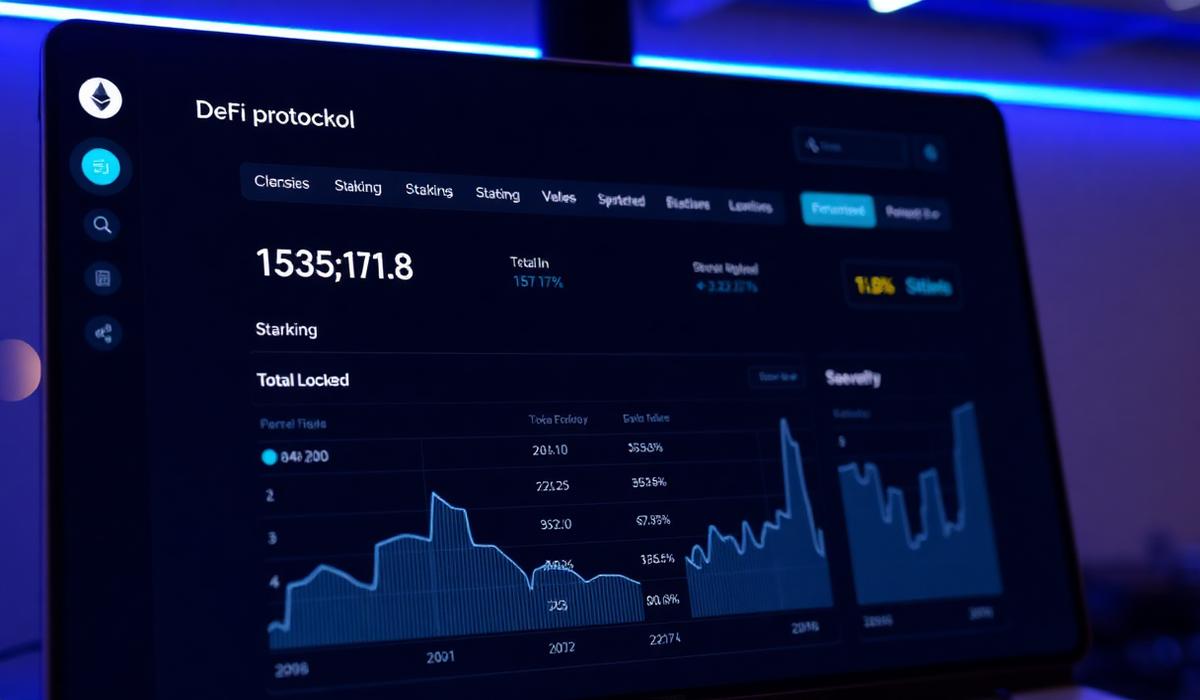 DeFi protocol dashboard showing total value locked and staking statistics on Ethereum