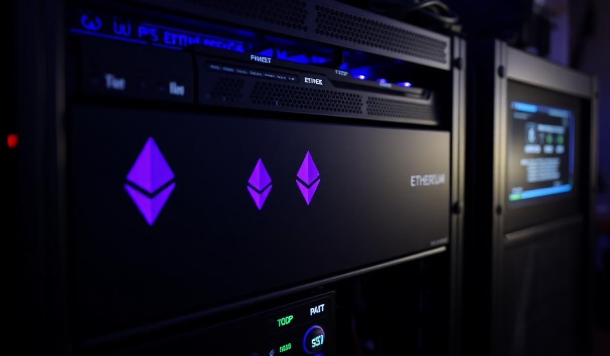 Ethereum staking validator node setup with purple Ethereum branding on server equipment