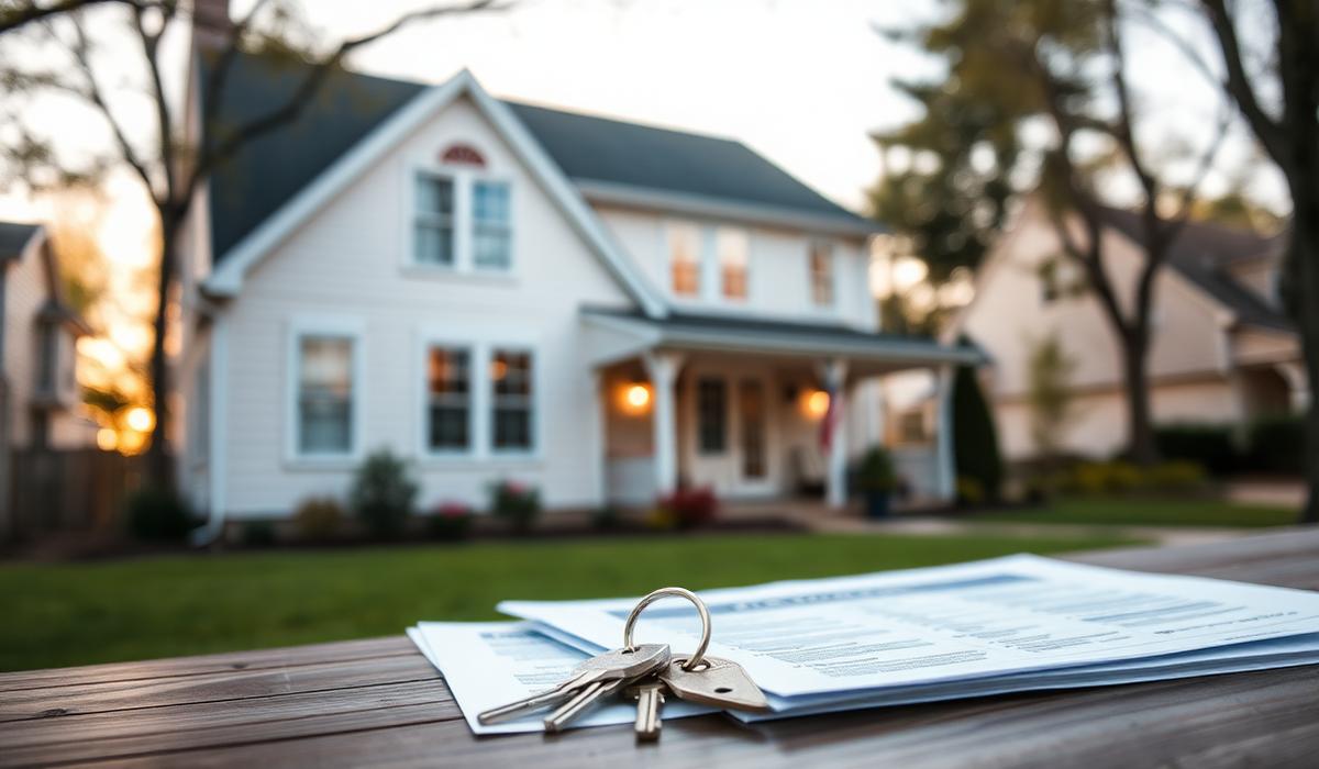 Suburban American house with mortgage documents and keys on table