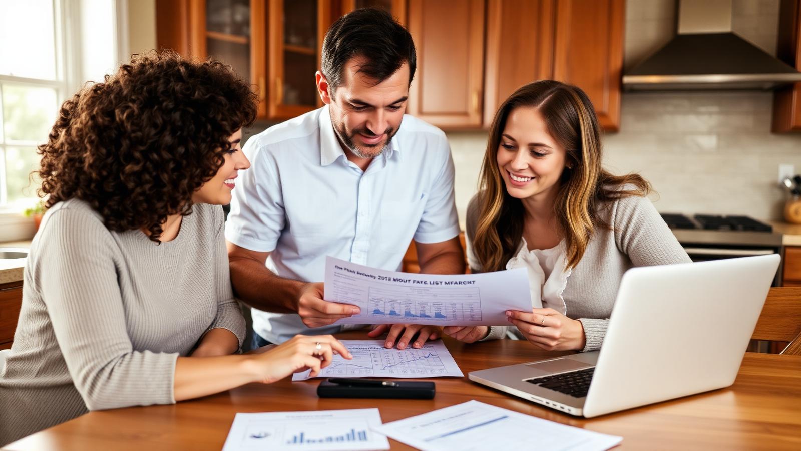 American family at kitchen table reviewing 30-year fixed mortgage paperwork and rate chart after the April 2026 Fed decision to hold interest rates