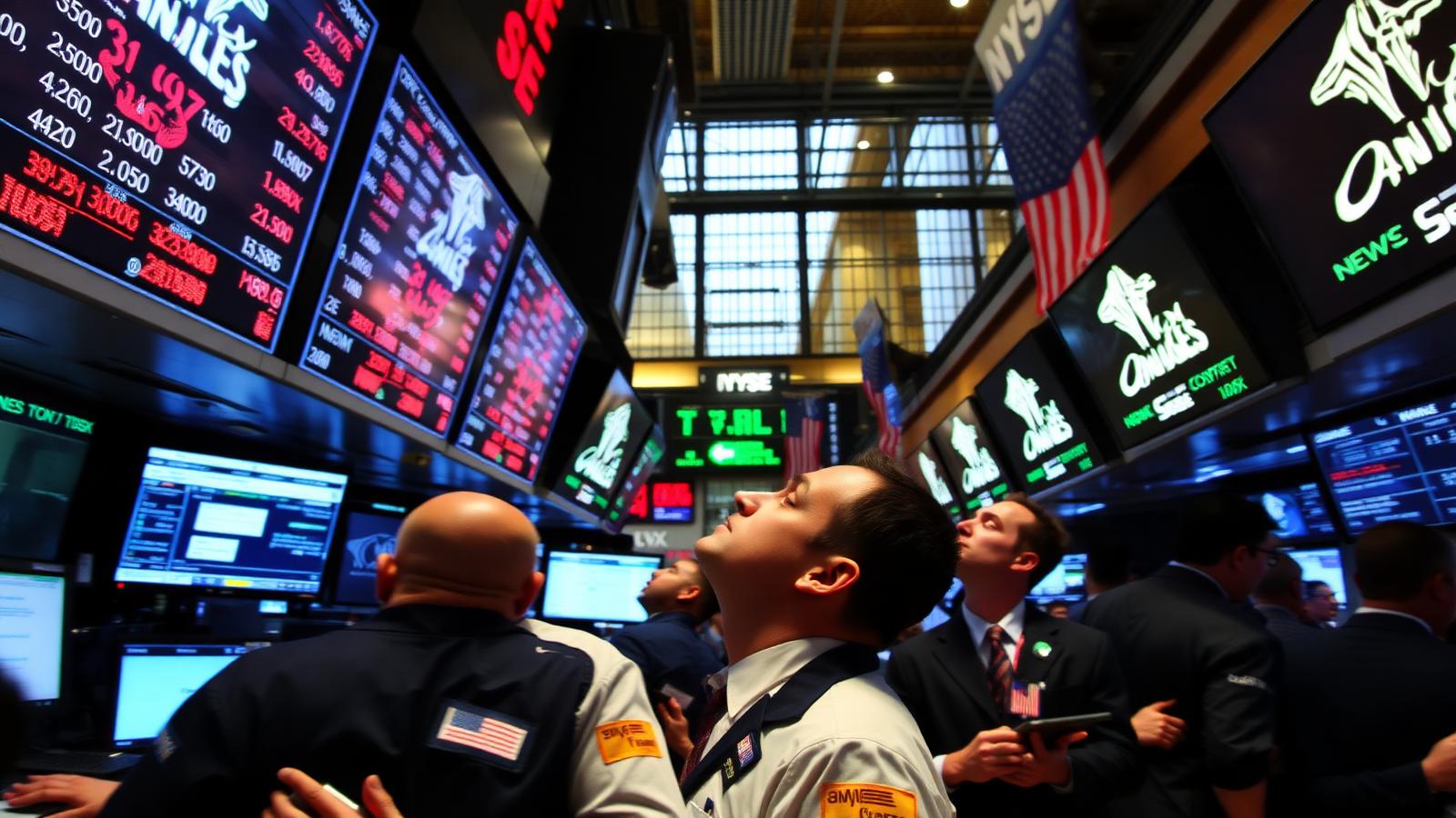 Wall Street traders watching stock tickers react to the April 2026 Federal Reserve decision to hold interest rates steady with bimodal dot plot