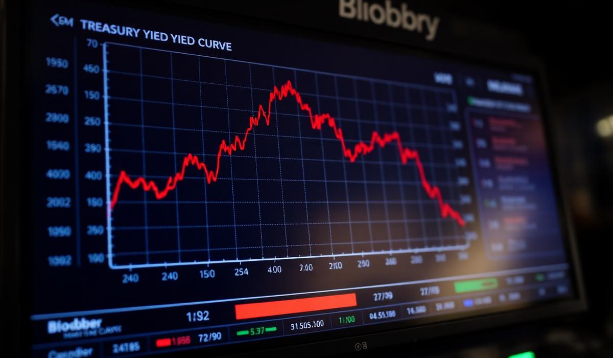 Treasury yield curve chart on Bloomberg-style financial terminal showing declining red line