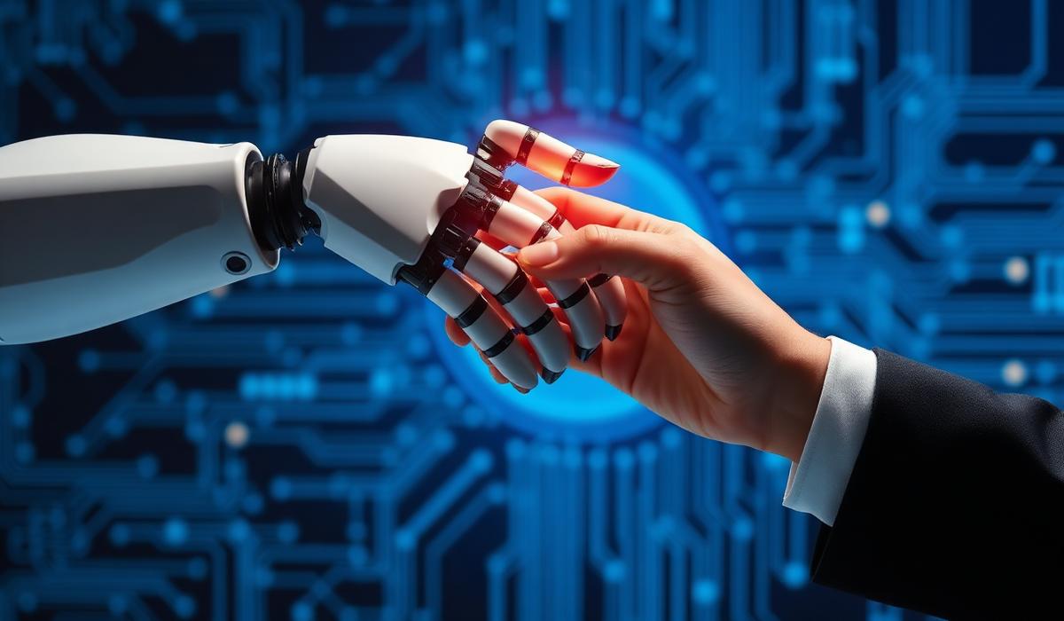 Robot arm and human hand shaking representing AI and banking partnership