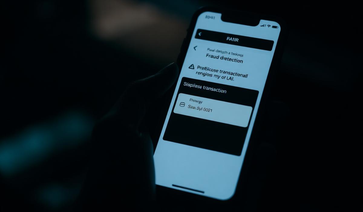 Fraud detection alert on banking app screen showing suspicious transaction flagged by AI